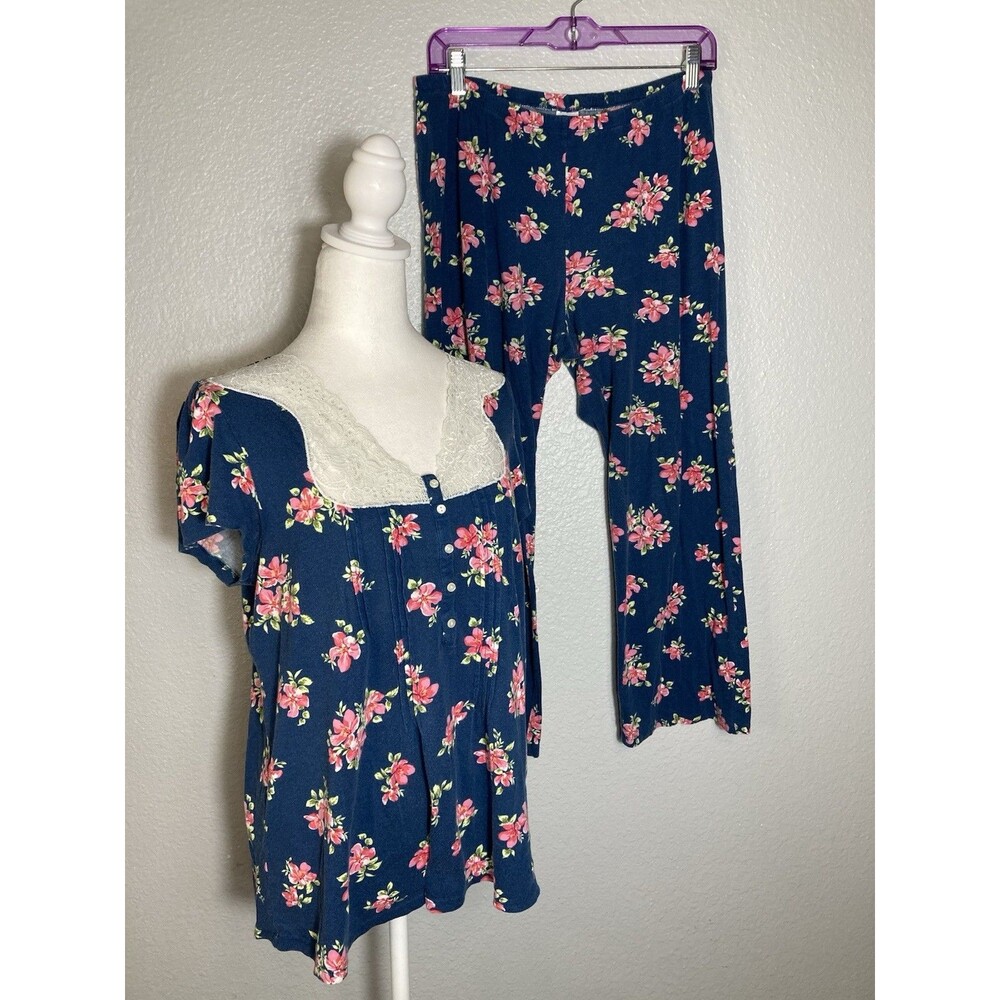 Eileen West Pajama Set Blue Floral Lace Trim Short Sleeve Top Pants Women’s Med